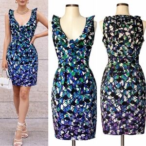 049 Just Taylor | NWOT Green Abstract Print Ruffle Neck Dress (Size 6)